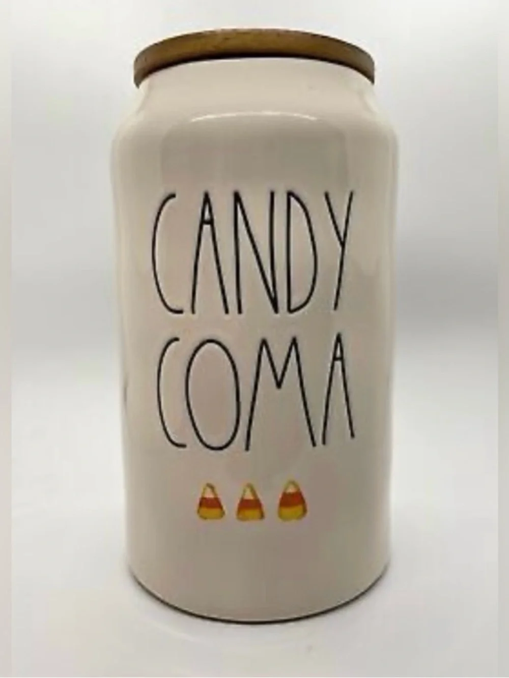Rae Dunn Candy Coma Ceramic Treat Jar with Wood Lid - White